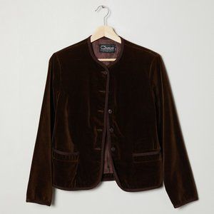 Vtg 80s Chocolate Plush Velvet Collarless Blazer M